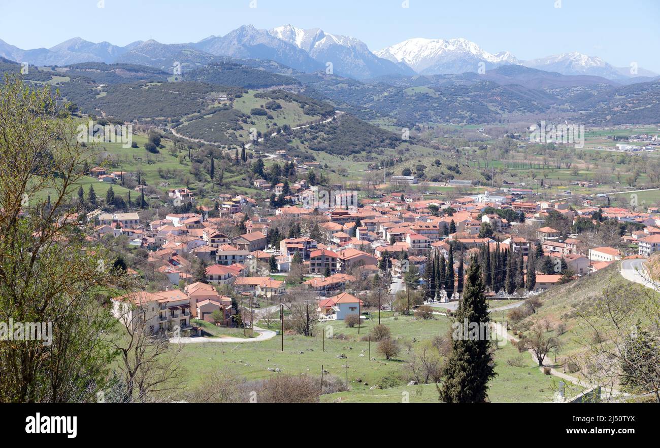 View of Kalavryta town, Erymanthos mount in the background, Peloponnese, Greece. Stock Photo