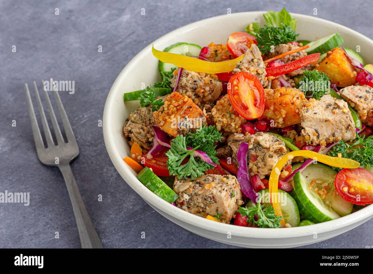 Couscous Salad with Chicken, Bell Pepper, Cherry Tomatoes, Pomegranate