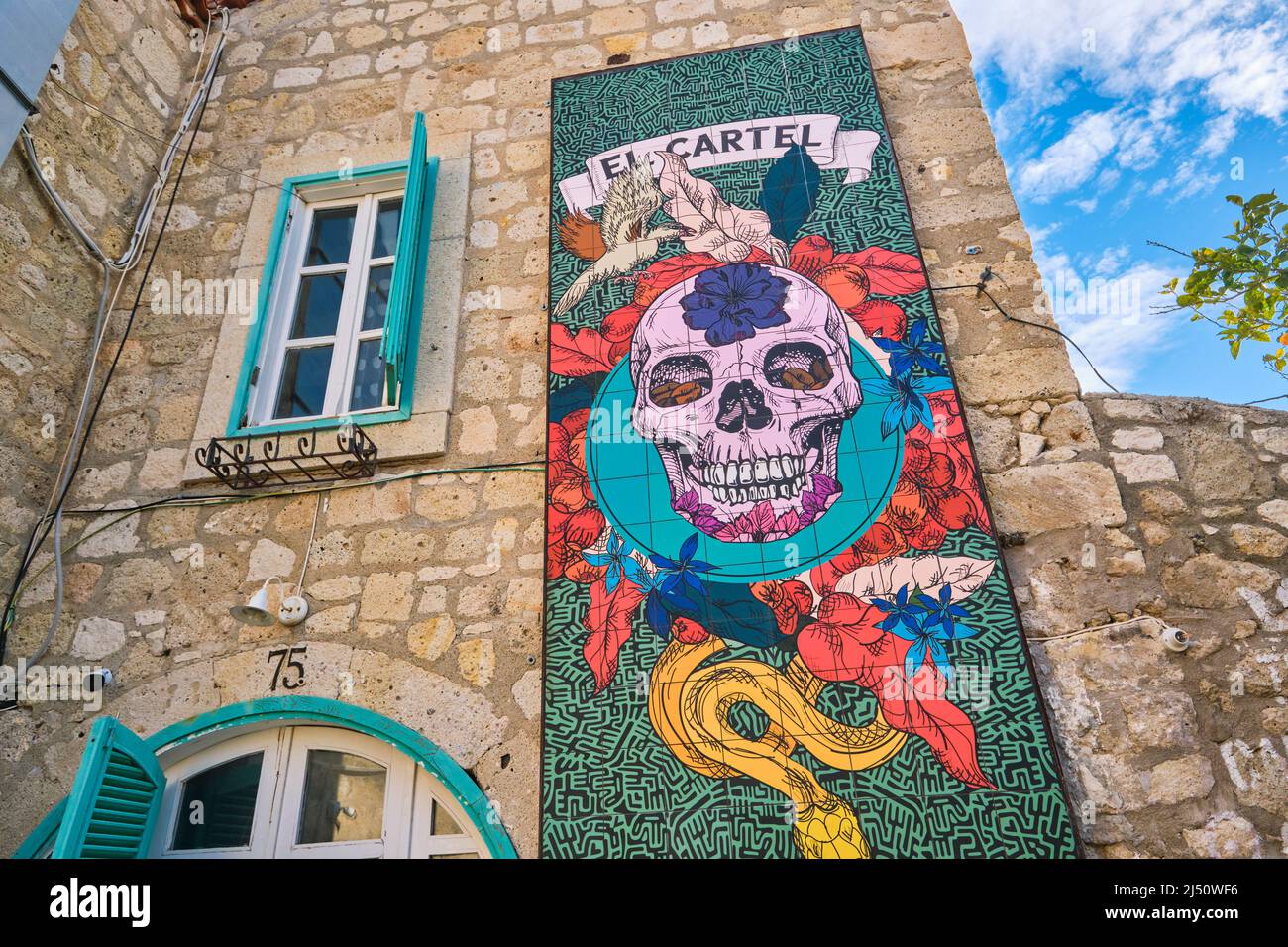 A cool, colorful, Mexican, Spanish skull mural for a cafe. In the town of Alaçatı, Izmir Province, Turkey. Stock Photo
