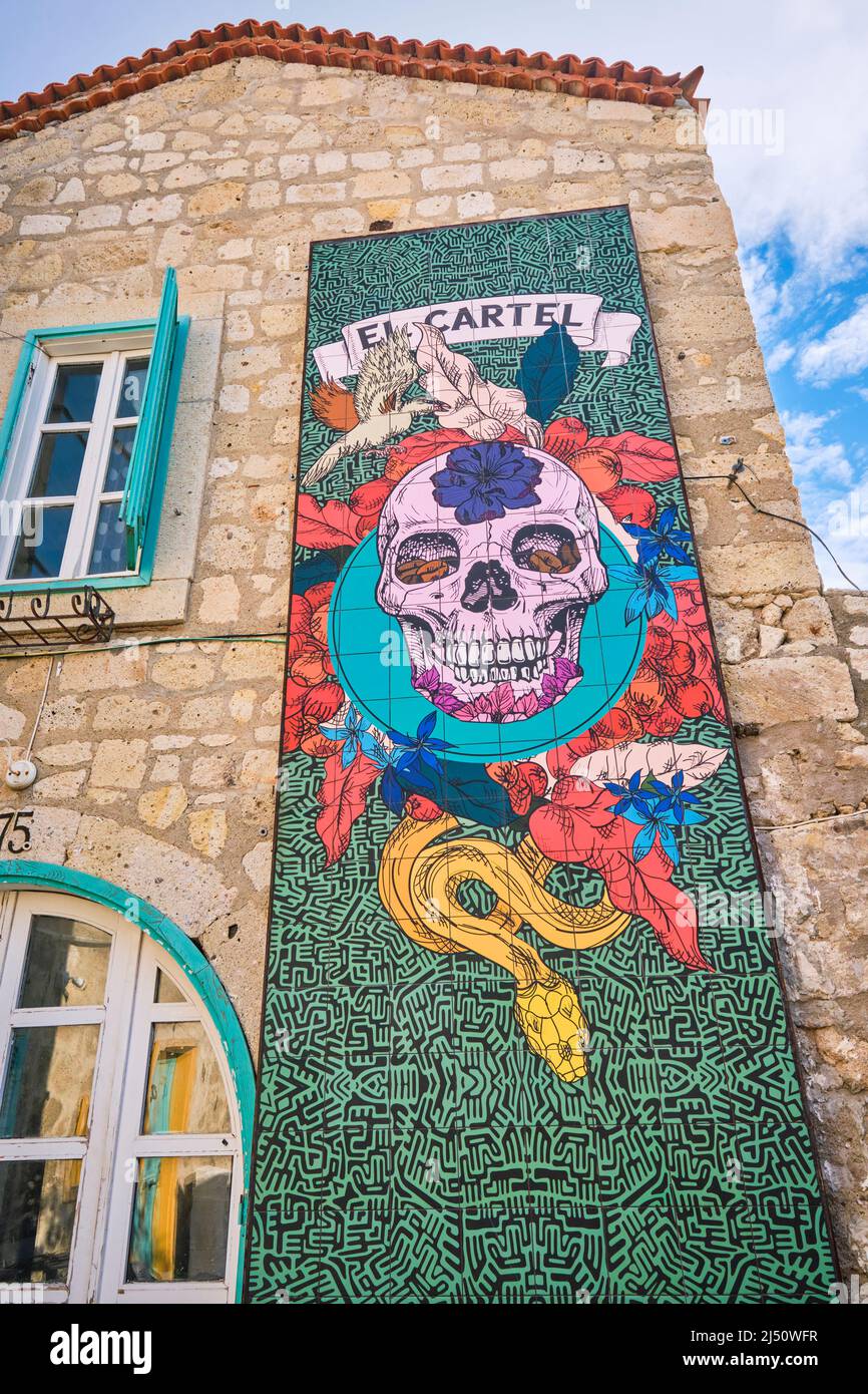 A cool, colorful, Mexican, Spanish skull mural for a cafe. In the town of Alaçatı, Izmir Province, Turkey. Stock Photo
