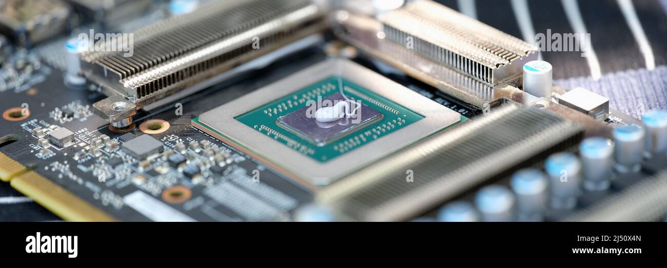 Cpu microchip processor with thermal paste closeup Stock Photo