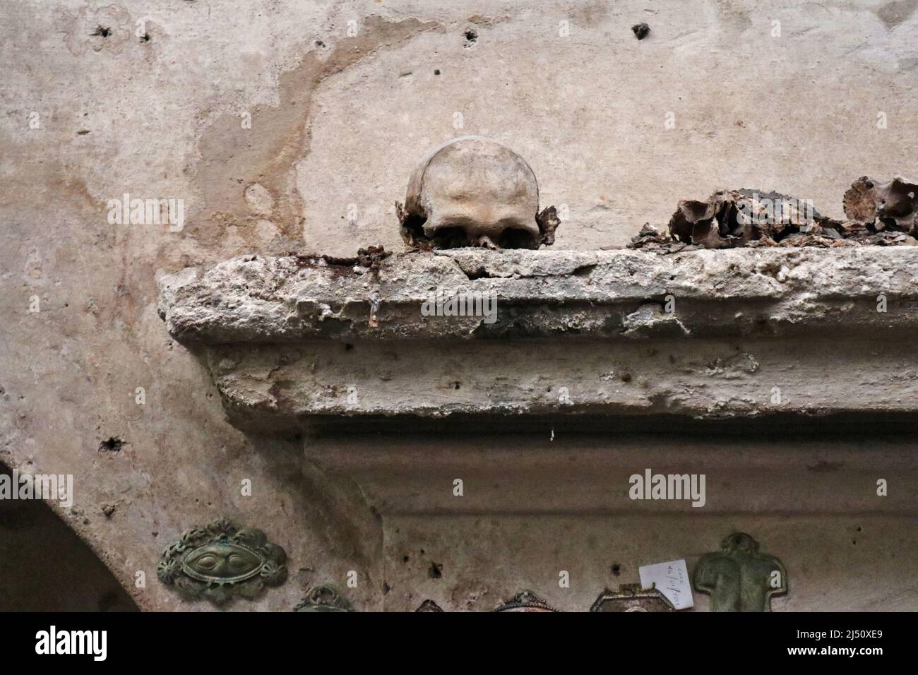 Napoli - Teschio con le Orecchie nella cripta della Chiesa di Santa Luciella Stock Photo