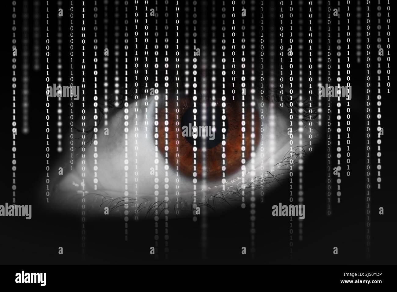 An eye with a brown pupil against a background of a dark cloud and white numbers, minimalism. Internet surveillance concept. Darknet concept. Stock Photo
