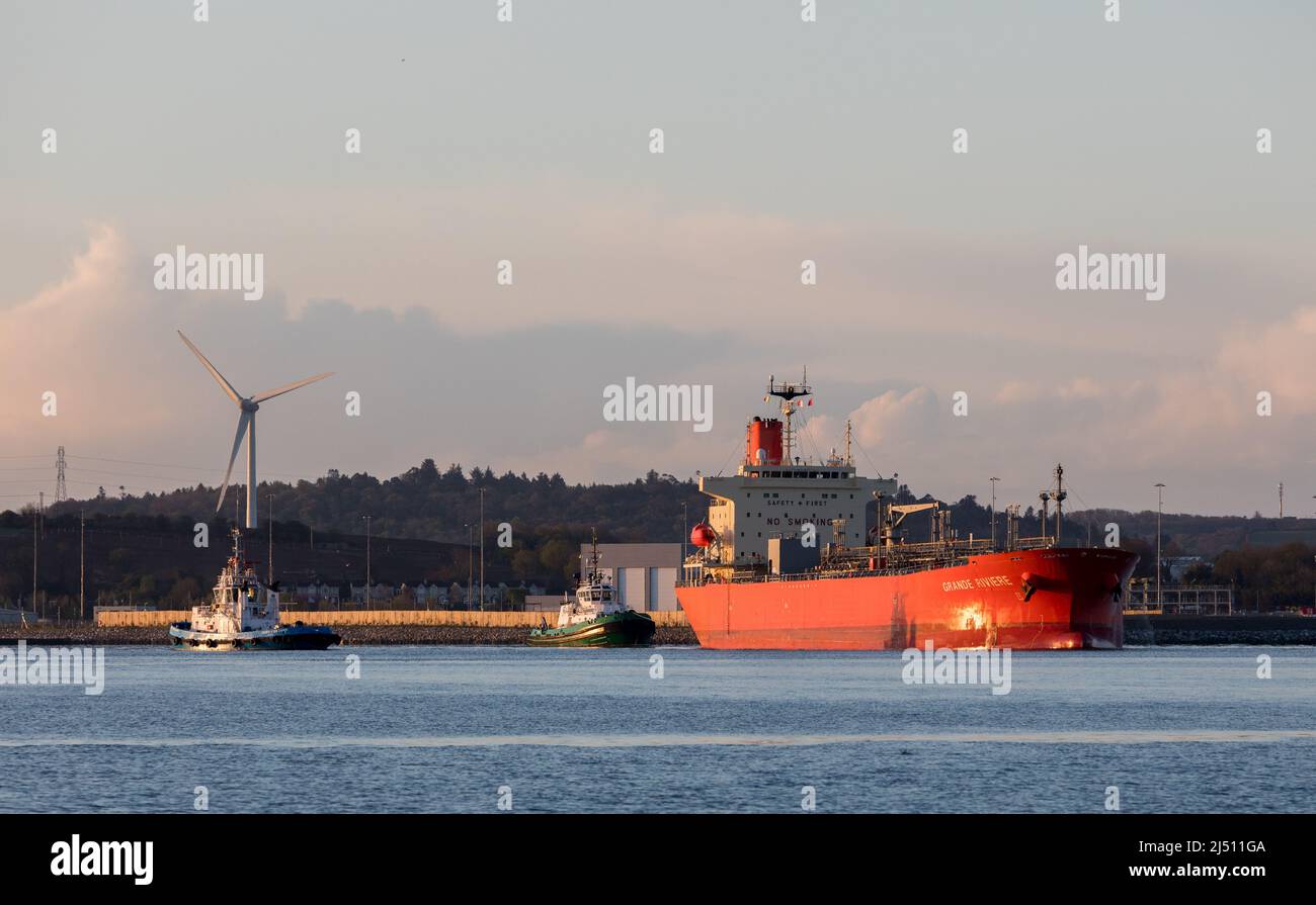 Cork Harbour, Cork, Ireland. 19th April, 2022. Tanker Grande Riviere with a cargo of Methanol is assisted by tug boats Gerry O' Sullivan and Alex as she makes her way up river bound for offloading at the Belvelly Port Facility, Cork, Ireland. - Credit; David Creedon / Alamy Live News Stock Photo