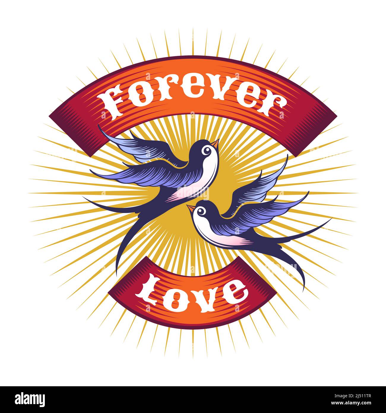 Tattoo of Two Swallows and Banner with wordings Forever Love isolated on white. Vector illustration. Stock Vector