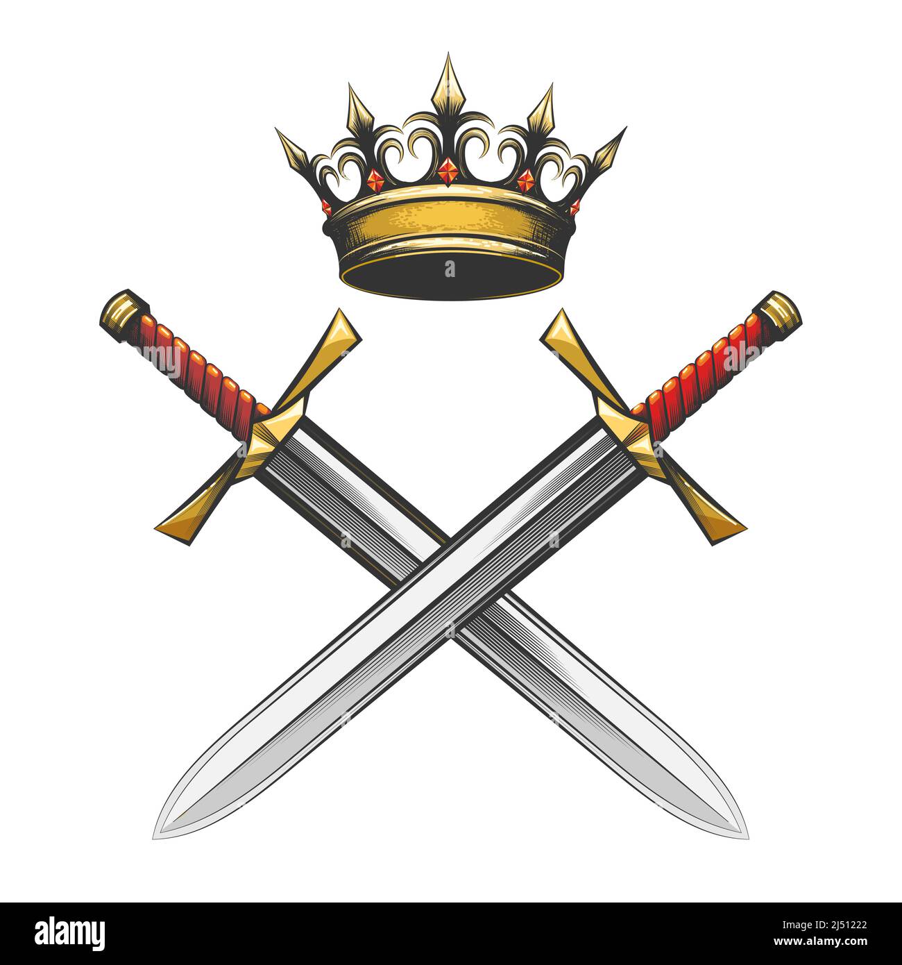 Emblem of Crown and Swords drawn in engraving style isolated on white. Vector illustration. Stock Vector