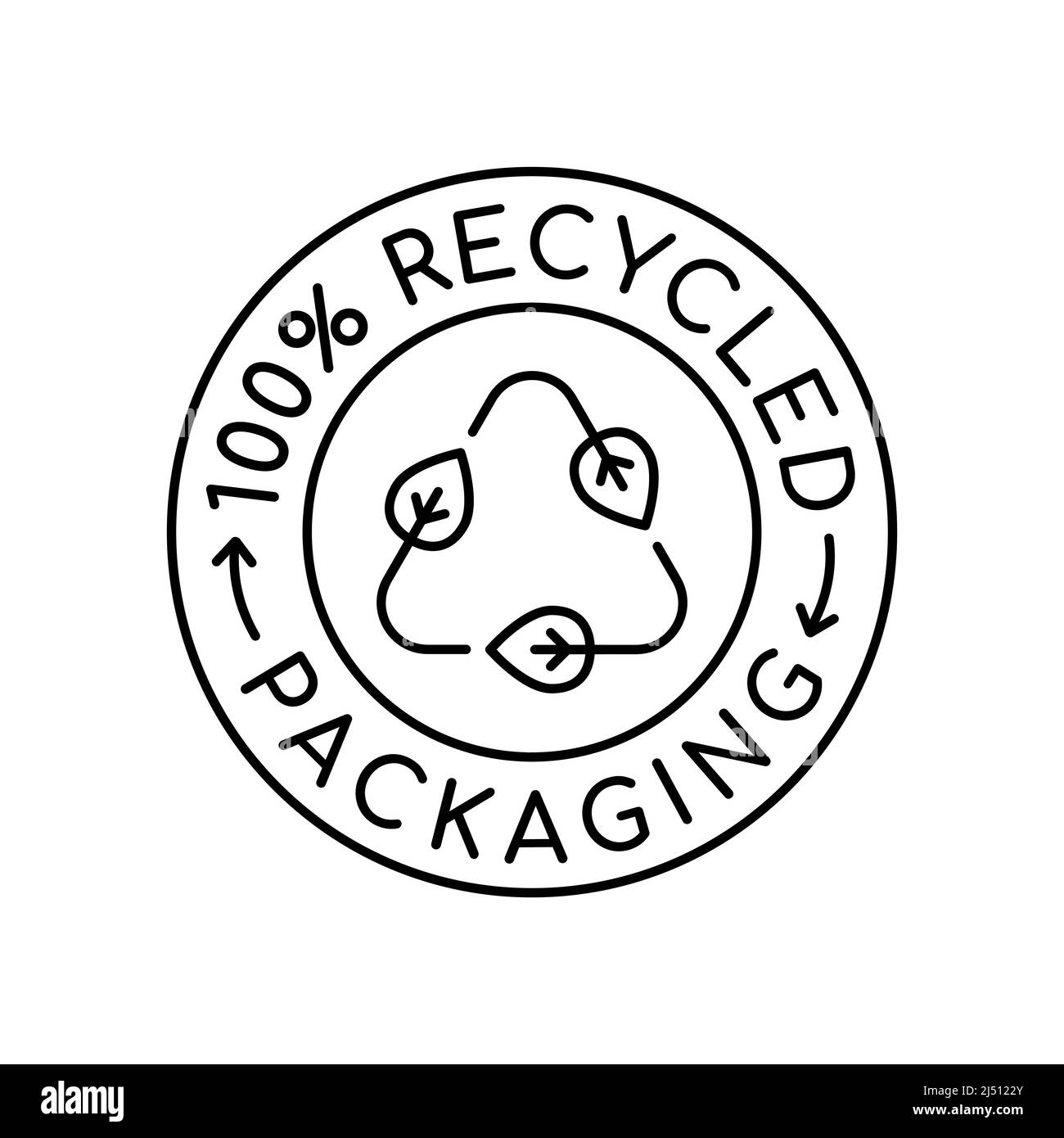 100% recycled packaging symbol. Triangle with leaves in a circle with recycle arrows. Eco friendly industry. Sustainable resources. Recycling material Stock Vector