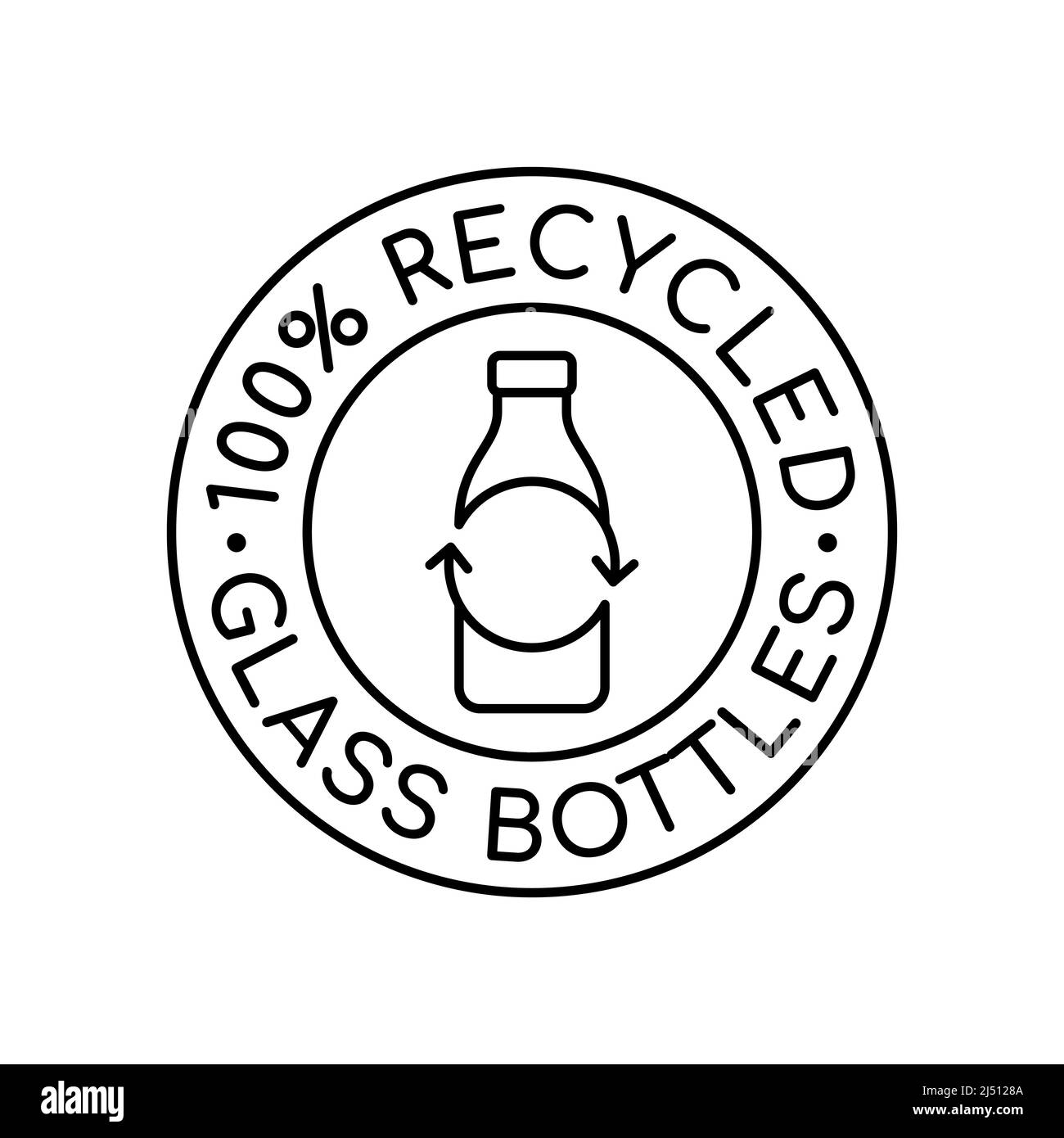 100% recycled glass bottles sign. Glass bottle in a circle with recycle arrows. Bottle bank concept. Reduce, reuse, recycle. Recycling material vector Stock Vector