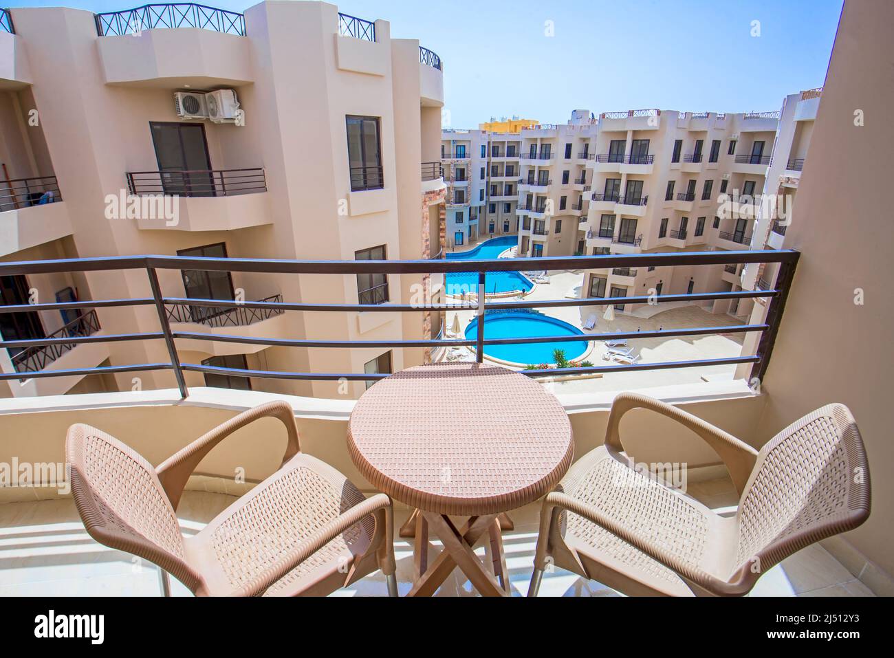 Terrace furniture of a luxury apartment in tropical resort with ...