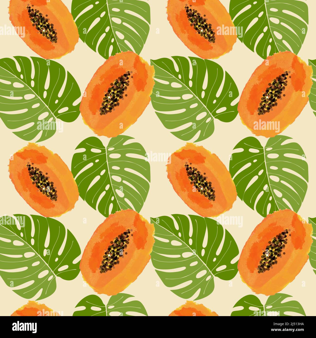 Papaya and monstera leaf summer seamless pattern. Vector illustration Stock Vector