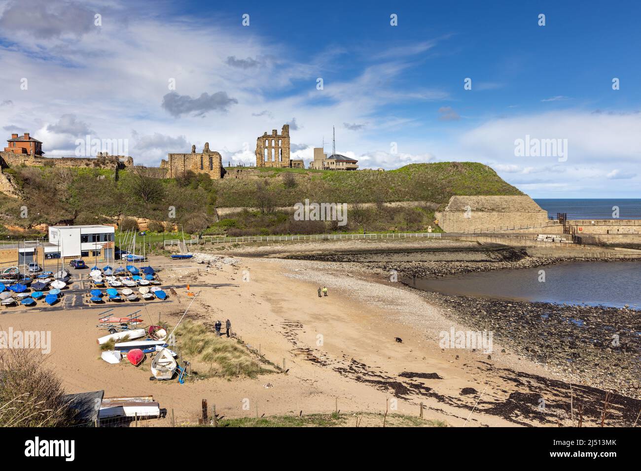 Tynemouth Priory with Prior's Haven in the foreground and boats from Tynemouth Sailing club. Taken from the Spanish Battery, Tyne and Wear, Uk Stock Photo