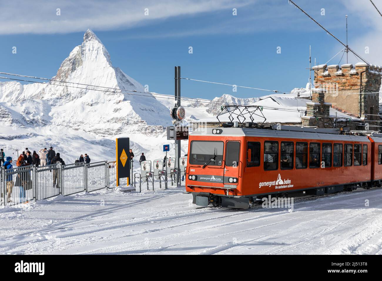 Gornergrat, Zermatt, Switzerland November 12, 2019 Red cable car