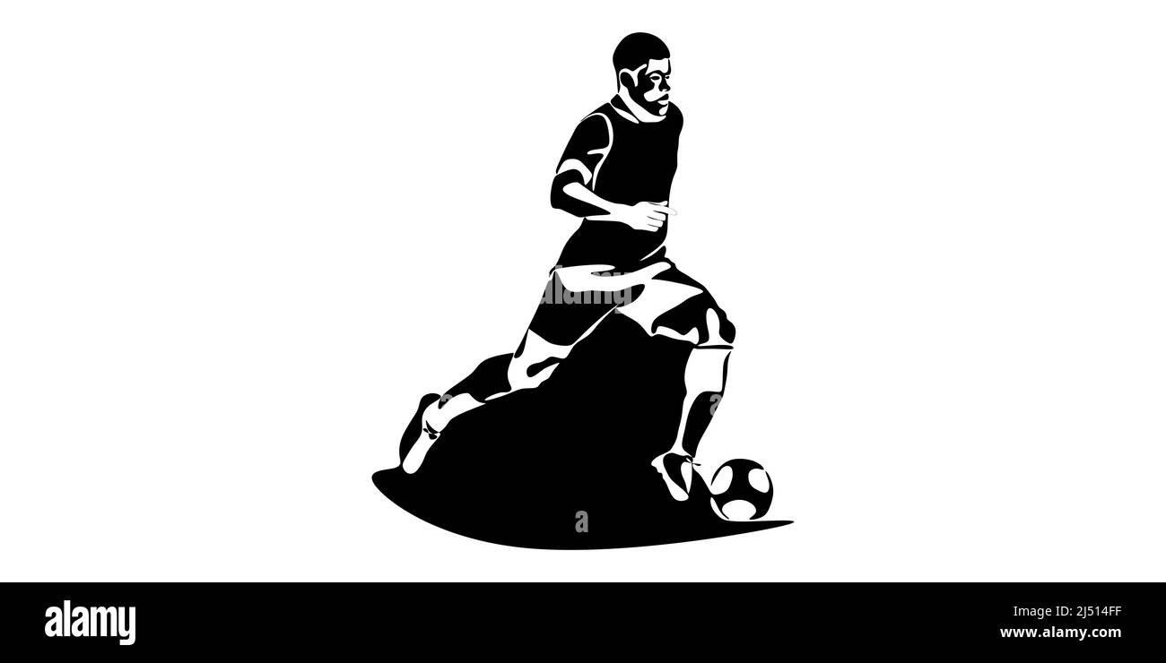 Football, soccer player kicking ball, side view. Isolated vector black and white one continuous line silhouette. Silhuette of football or soccer defen Stock Vector