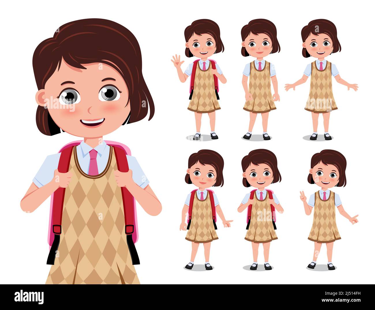 School student girl vector set. Female students 3d characters in cute