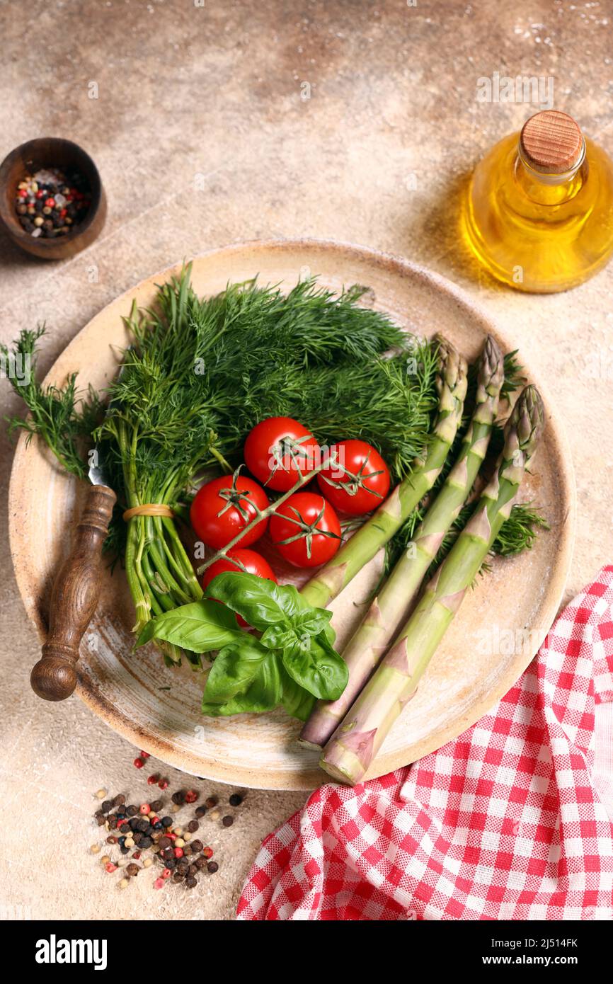 organic rustic vegetables harvest - asparagus, tomatoes, greens Stock ...