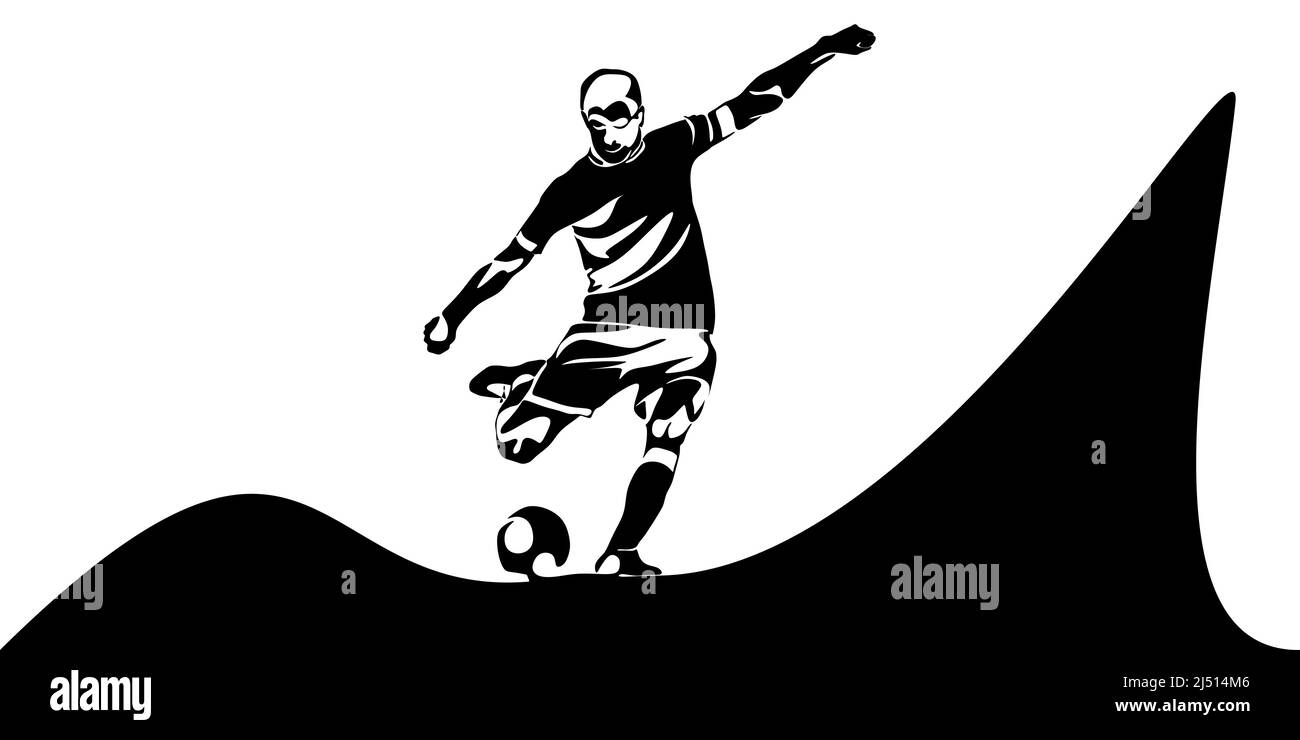 Football, soccer player kicking ball, side view. Isolated vector black and white one continuous line silhouette. Silhuette of football or soccer defen Stock Vector