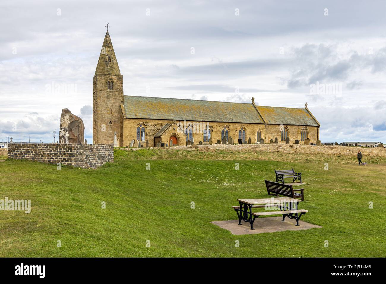 St Bartholomew's Church at Newbiggin-by-the-Sea, Northumberland, England.  It has a prominent position on Church Point headland. Stock Photo