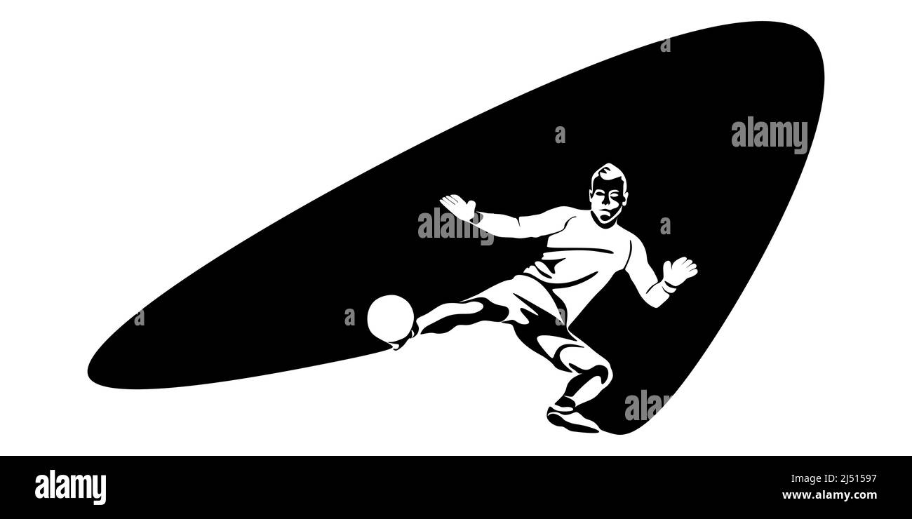 Football, soccer player kicking ball, side view. Isolated vector black and white one continuous line silhouette. Silhuette of football or soccer defen Stock Vector