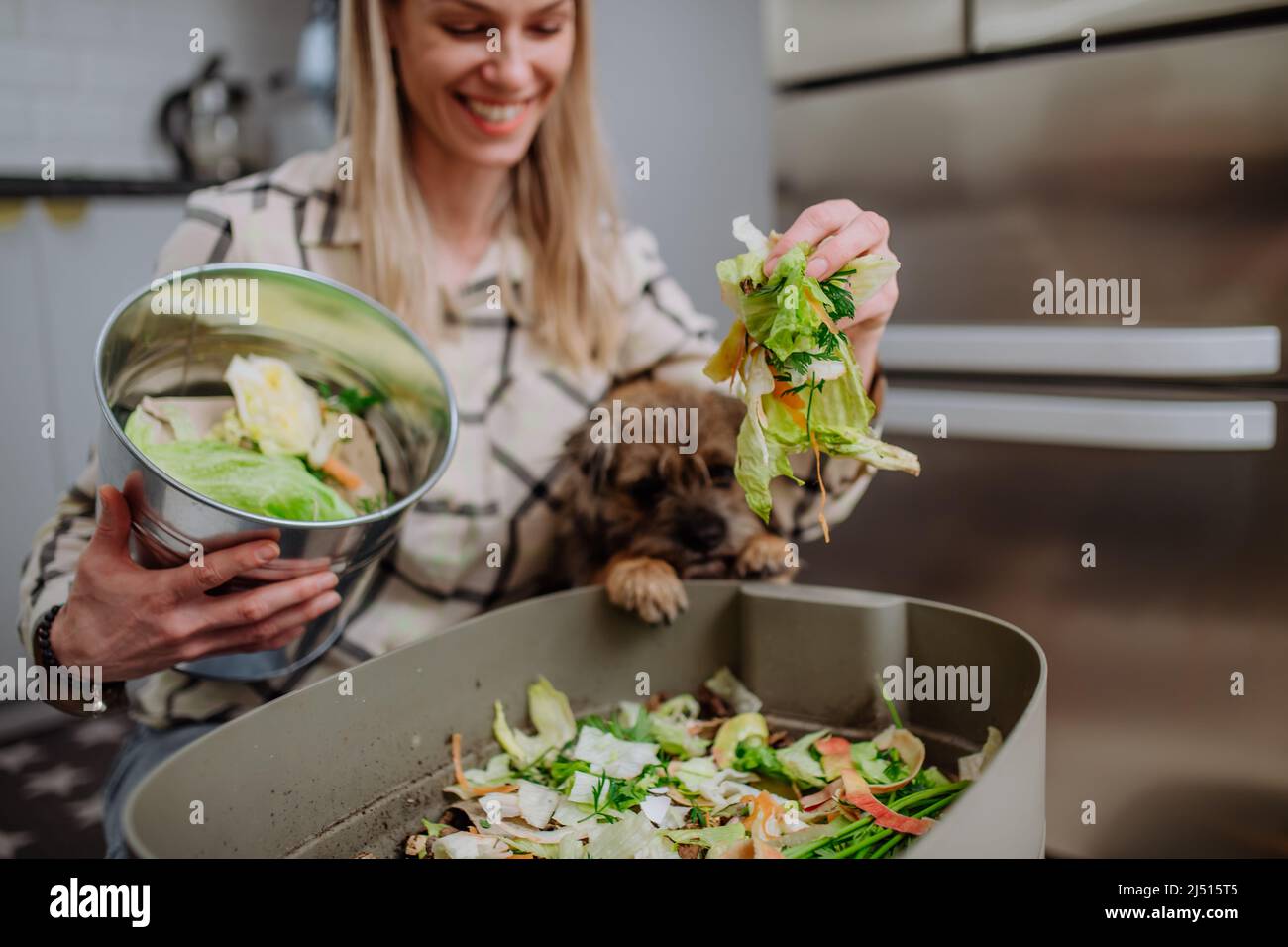 Woman throwing vegetable cuttings in a compost bucket in kitchen and feeding dog. Stock Photo