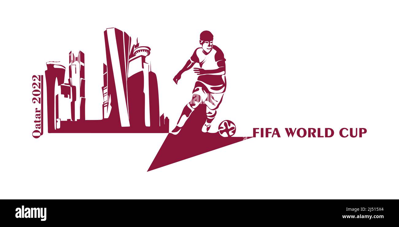 FIFA World Cup in Qatar in 2022 banner. Stylized Vector isolated illustration with football or soccer player with the ball on the background of the ca Stock Vector