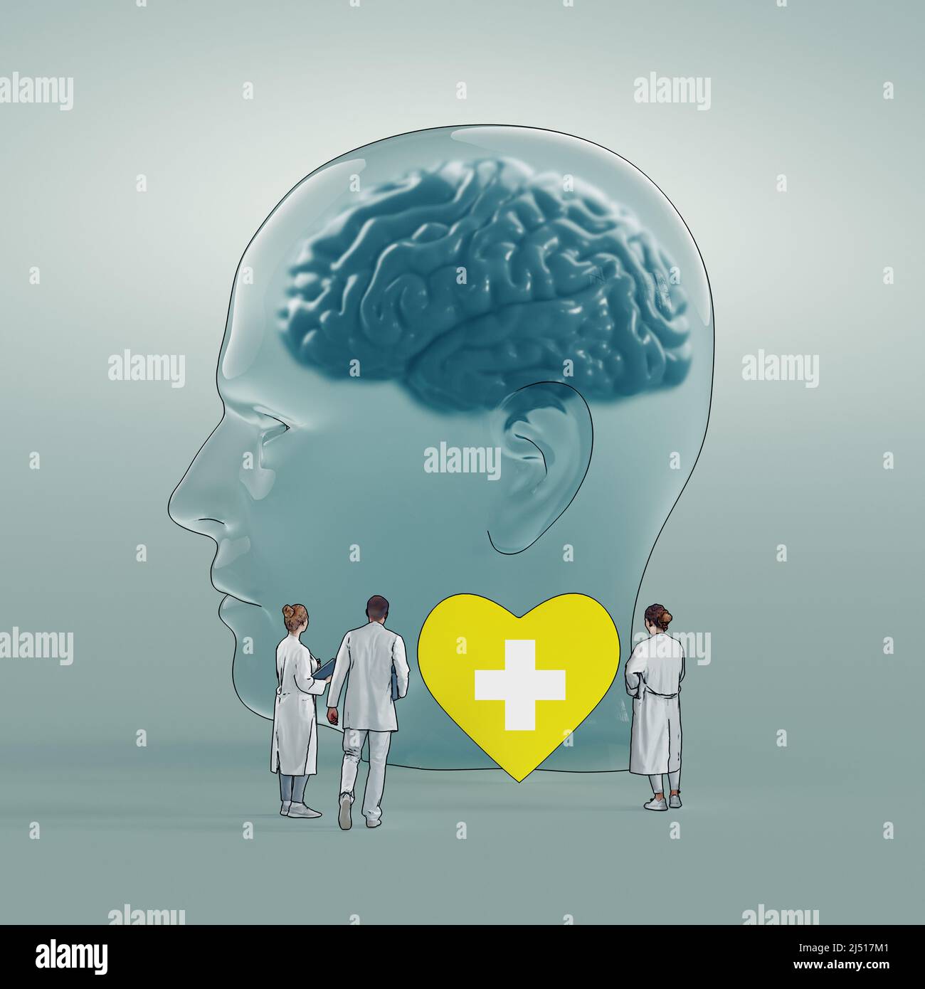Psychology specialist doctor work together for world mental health day. Poster concept background. Tiny people modern style design. 3d rendering Stock Photo