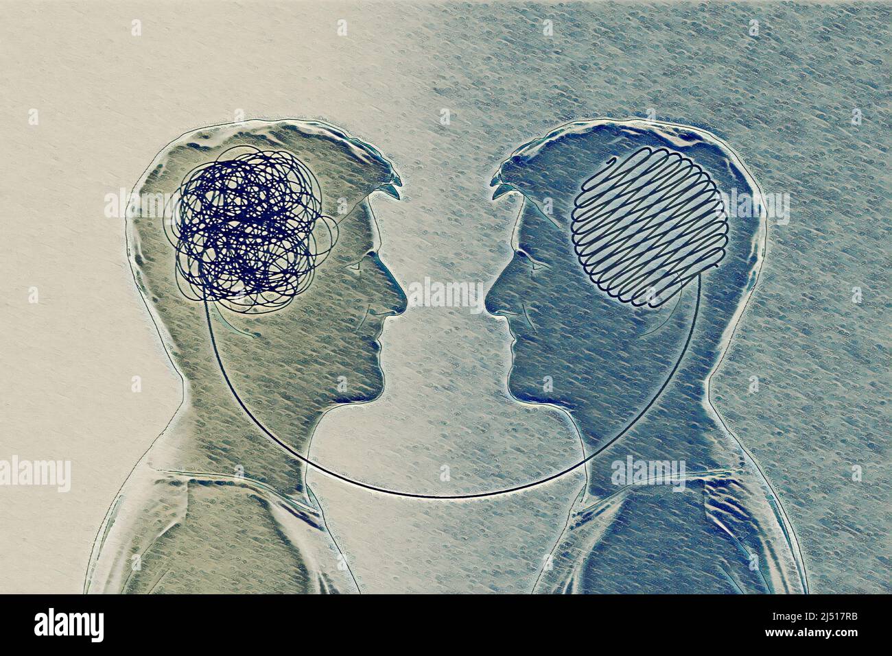 Two humans head silhouette psycho therapy concept. Therapist and patient. Illustration for psychologist blog or social media post. Stock Photo
