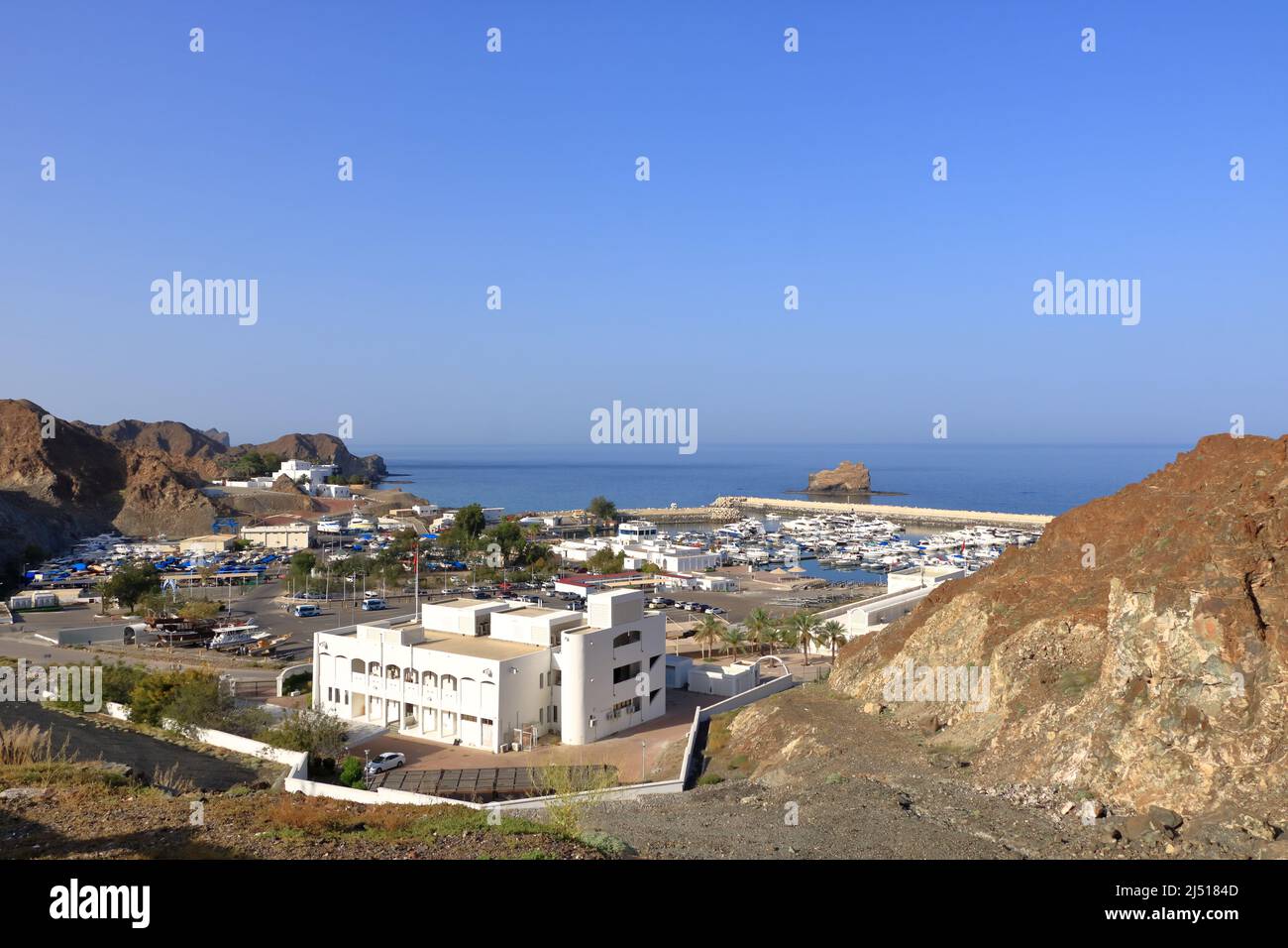March 15 2022 - Muscat, Oman, Middle east: Marina Bandar Al Rowdha. A harbour where diving trips, dolphin watching, and traditional wooden boat trips Stock Photo
