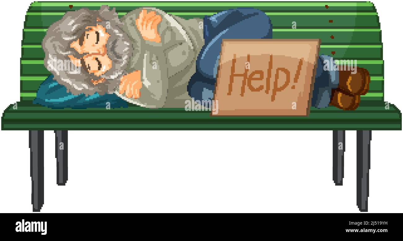 Homeless man sleeping on bench with help sign illustration Stock Vector ...