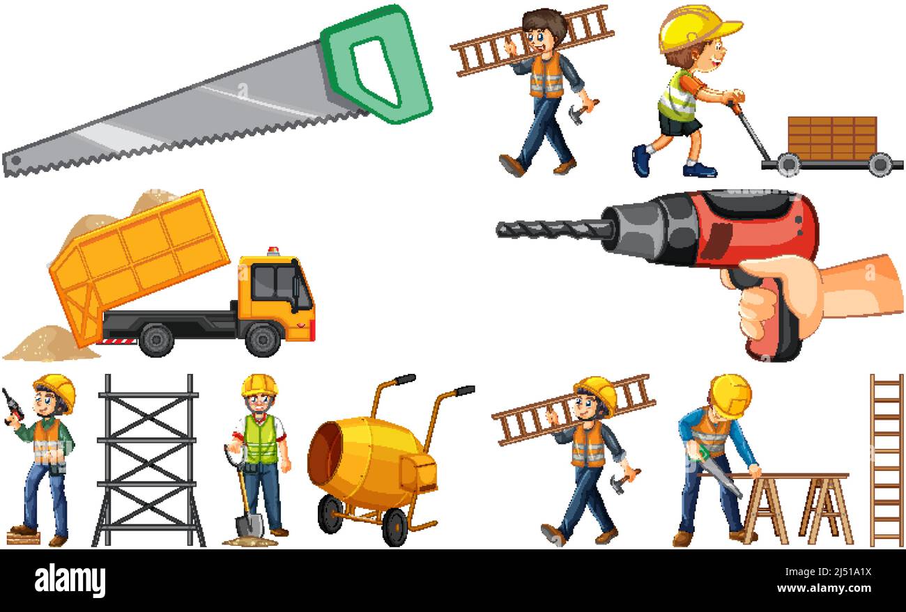 Set of construction site objects and workers illustration Stock Vector