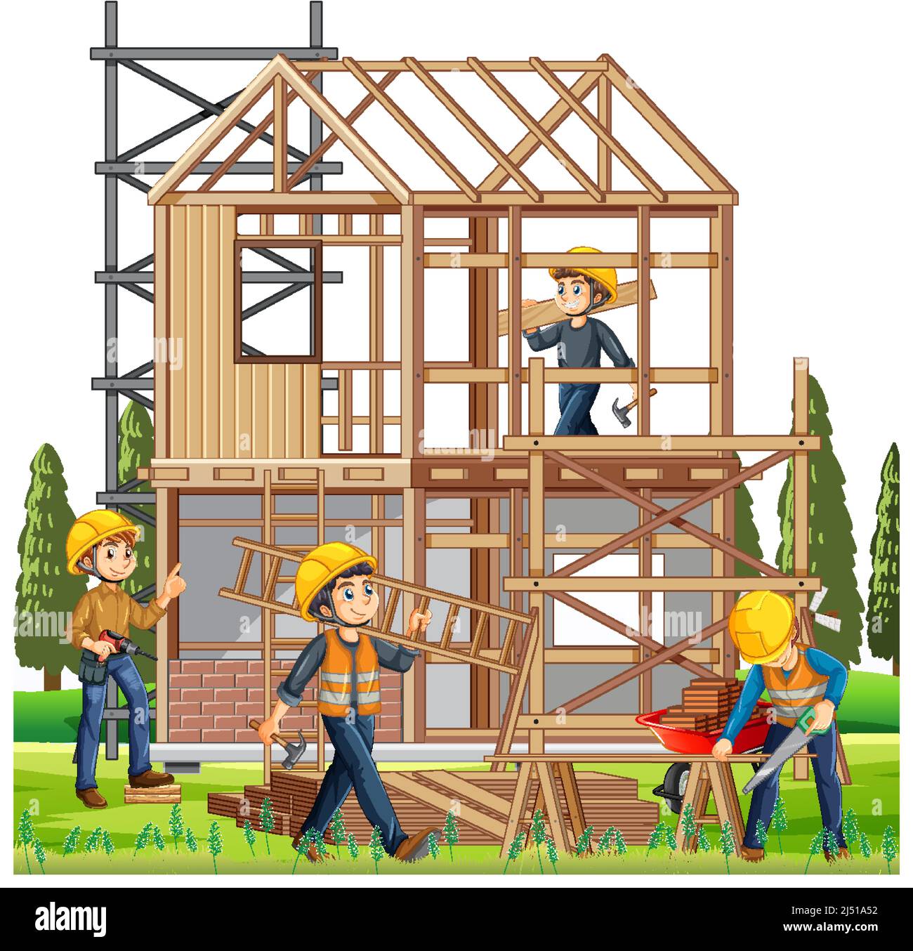 House construction site with workers illustration Stock Vector Image \u0026 Art  - Alamy, image size:1300x1354