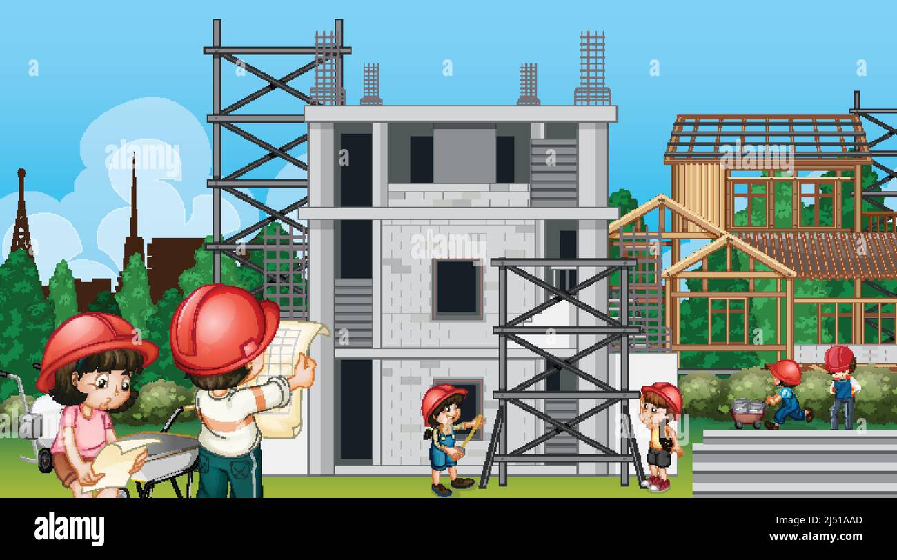 Building house construction site and workers illustration Stock Vector ...