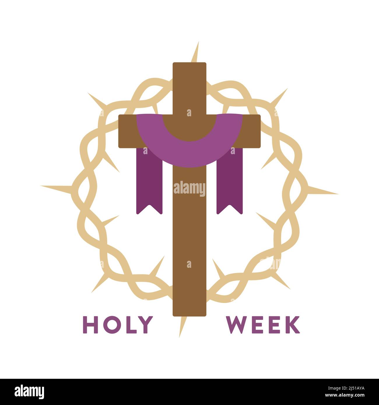 Christian cross with purple fabric and Crown of thorns. Holy Week. Vector illustration, flat design Stock Vector