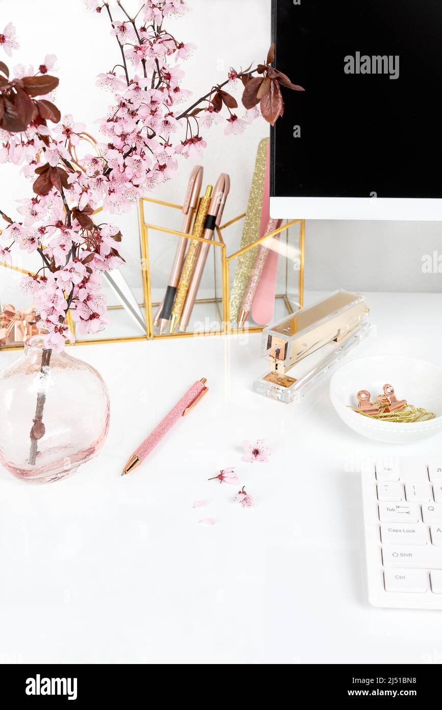 Feminine Blush Styled Home Office Stock Photo