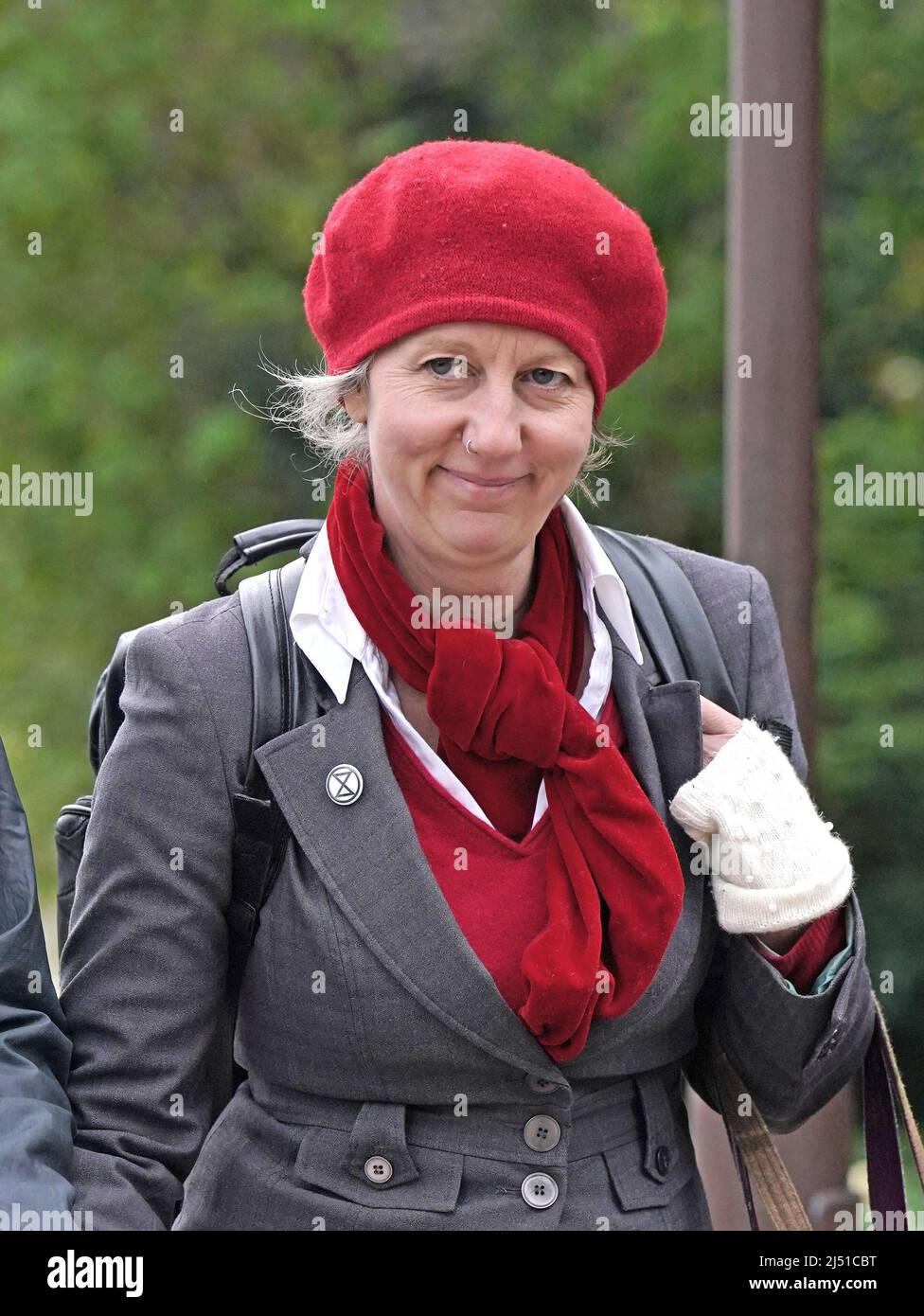 Extinction Rebellion co-founder Gail Bradbrook at Isleworth Crown Court, London, where she faces one count of criminal damage of more than £5,000 after allegedly smashing a plate-glass window at the Department for Transport. Picture date: Tuesday April 19, 2022. Stock Photo