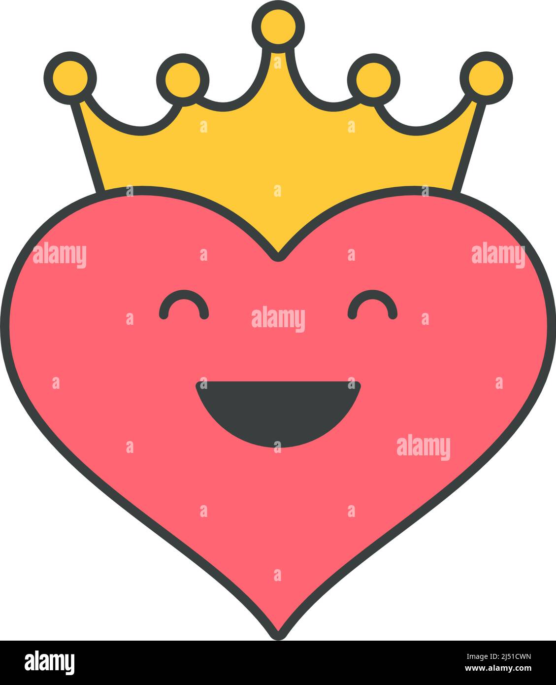 Funky pink laughing heart in golden crown pop art vector flat illustration t shirt print decorative design. Romantic vintage smiling symbol of love an Stock Vector
