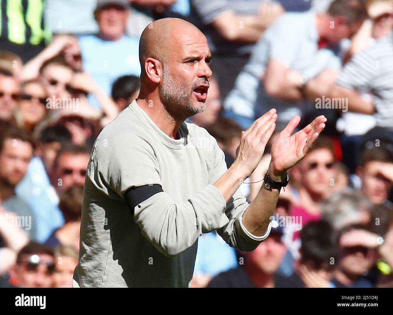LONDON, ENGLAND - APRIL 16: Manchester City manager Pep Guardiola  during FA Cup Semi-Final between Manchester City and Liverpool  at Wembley Stadium Stock Photo