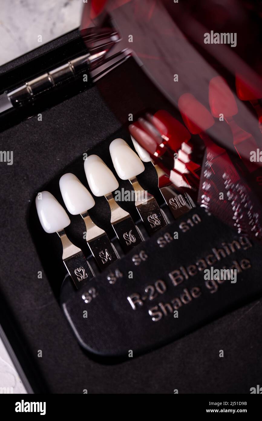 a scale for checking the color of teeth in closeup. Cosmetic dentistry
