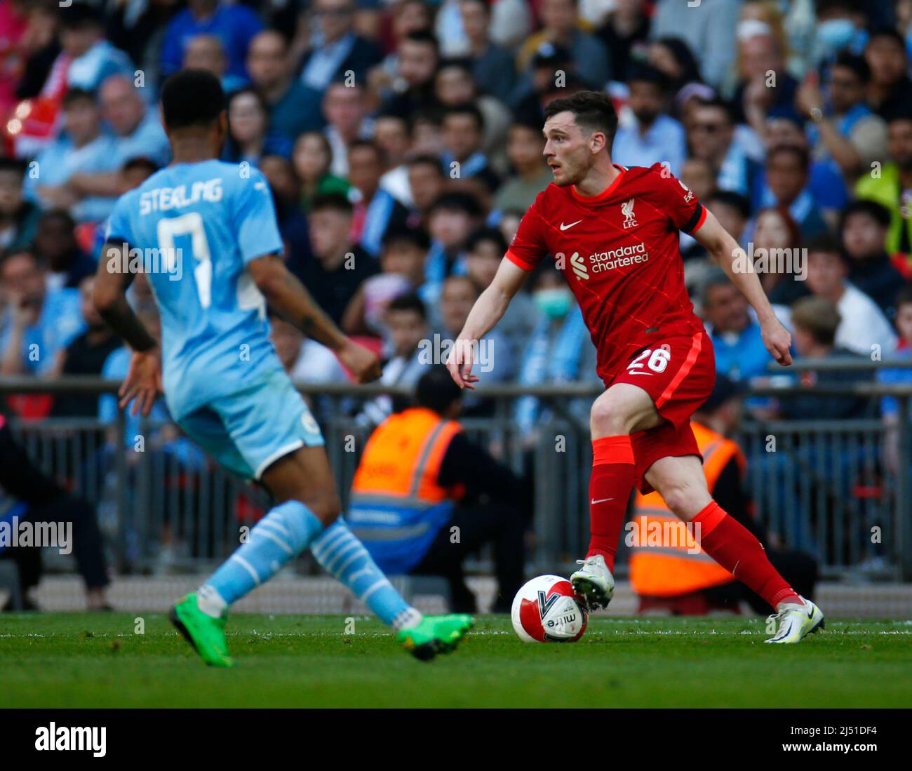 LONDON, ENGLAND - APRIL 16: Liverpool's Andrew Robertson during FA Cup Semi-Final between Manchester City and Liverpool  at Wembley Stadium , London, Stock Photo