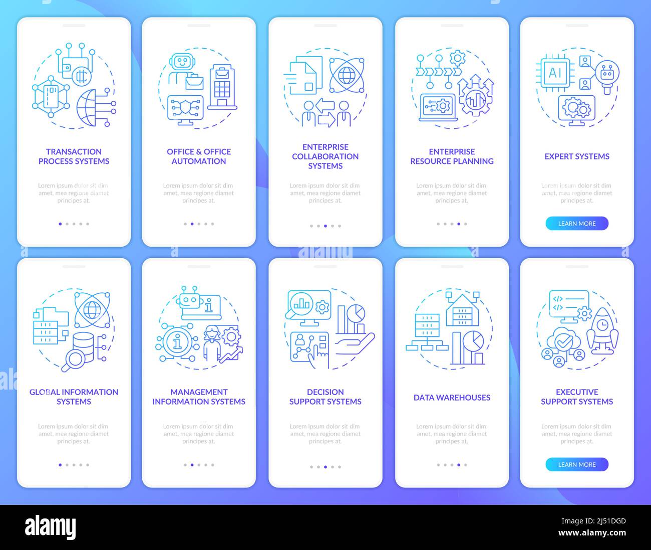 Information processing blue gradient onboarding mobile app screen set Stock Vector