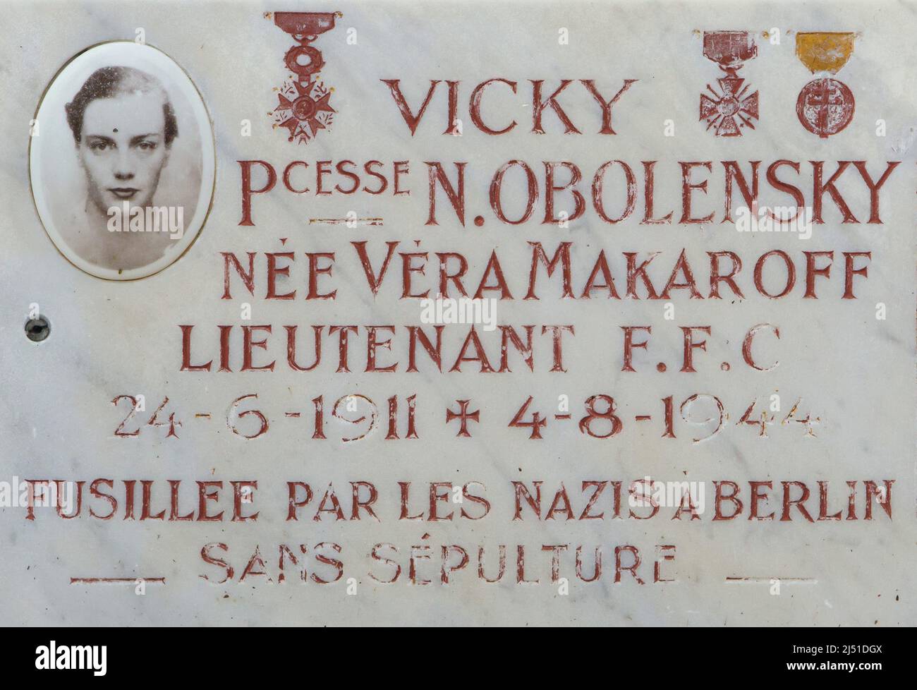 Commemorative plaque devoted to Russian princess Véra Obolensky (1911-1944) also known as Vicky Obolensky in the Memorial chapel devoted to Russian white emigrants who attended the French Resistance during the Second World War at the Russian Cemetery in Sainte-Geneviève-des-Bois (Cimetière russe de Sainte-Geneviève-des-Bois) near Paris, France. Stock Photo