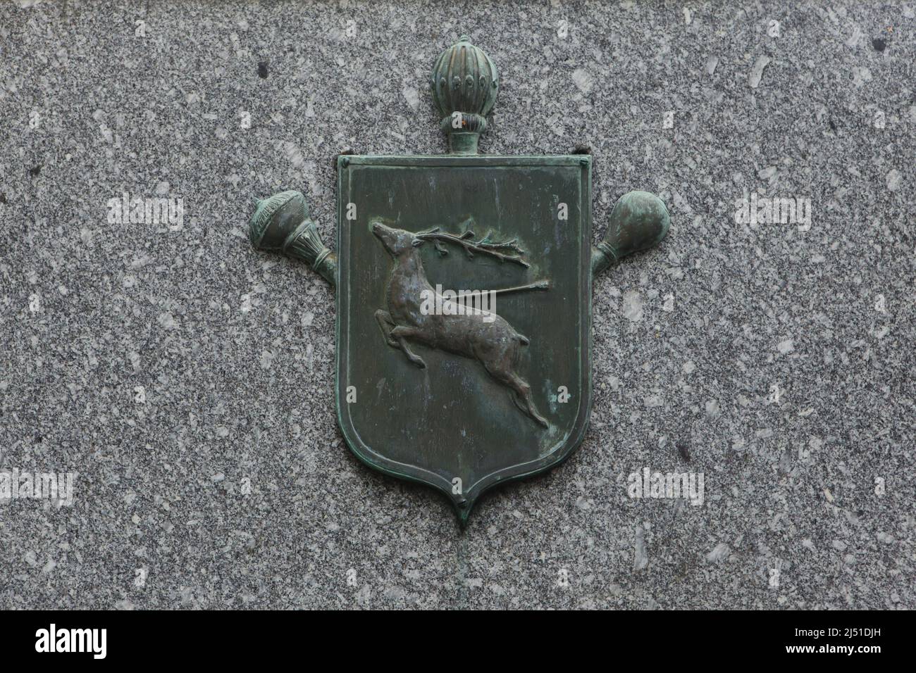 Coat of arms of the Don Cossacks depicted on the grave of Russian General Afrikan Bogaewsky (1873-1934) at the Russian Cemetery in Sainte-Geneviève-des-Bois (Cimetière russe de Sainte-Geneviève-des-Bois) near Paris, France. General Bogaewsky was a Lieutenant General of the Imperial Russian Army and also the Ataman of the Don Republic. Stock Photo