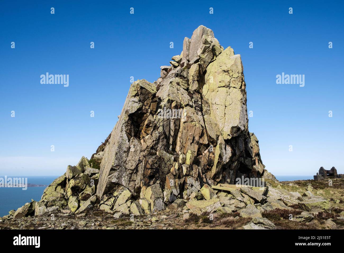 Rocky outcrop in Penmaenmawr quarry above the north coast. Llanfairfechan, Conwy, north Wales, UK, Britain Stock Photo