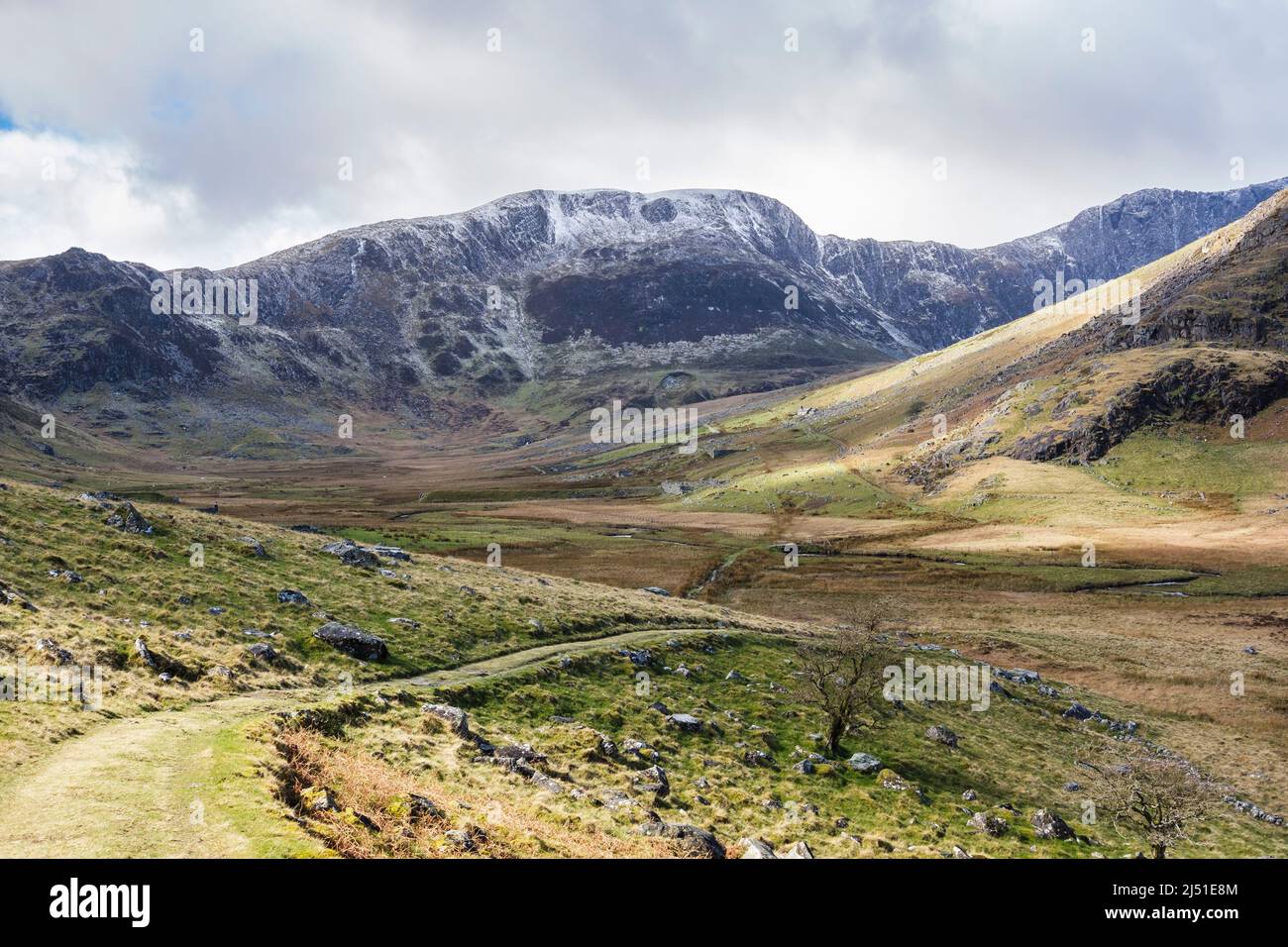 Track in upper Cwm Eigiau with Pen yr Helgi Du mountain in the Carneddau beyond the valley in Snowdonia National Park. Conwy, north Wales, UK, Britain Stock Photo