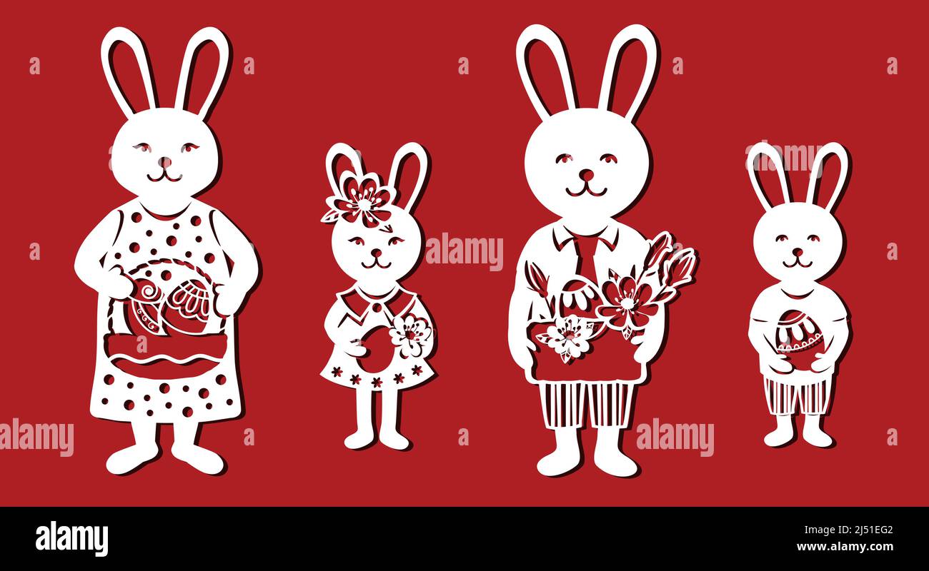 Easter bunny family for cutting card. Set Easter characters vector ...
