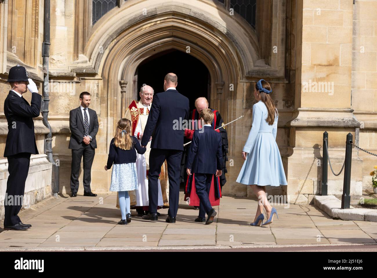 Duke and Duchess of Cambridge with members of the Royal Family attend the Easter Service at St George's Chapel, Windsor Castle, Berkshire, England, UK Stock Photo