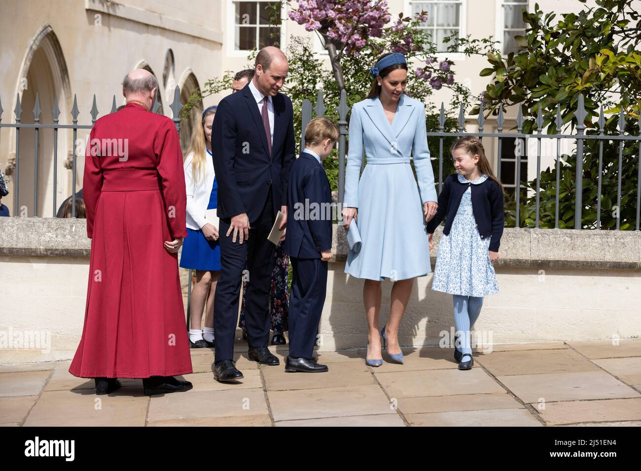 Duke and Duchess of Cambridge with members of the Royal Family attend the Easter Service at St George's Chapel, Windsor Castle, Berkshire, England, UK Stock Photo