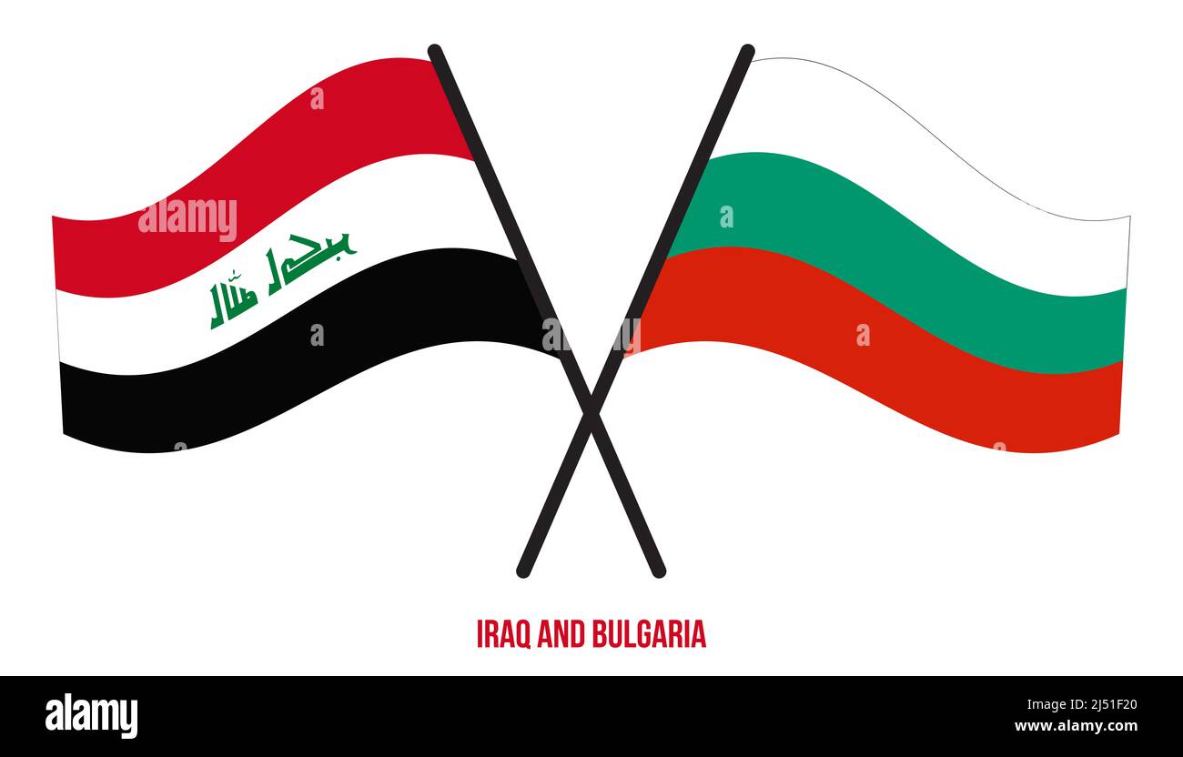 Iraq and Bulgaria Flags Crossed And Waving Flat Style. Official Proportion. Correct Colors. Stock Photo