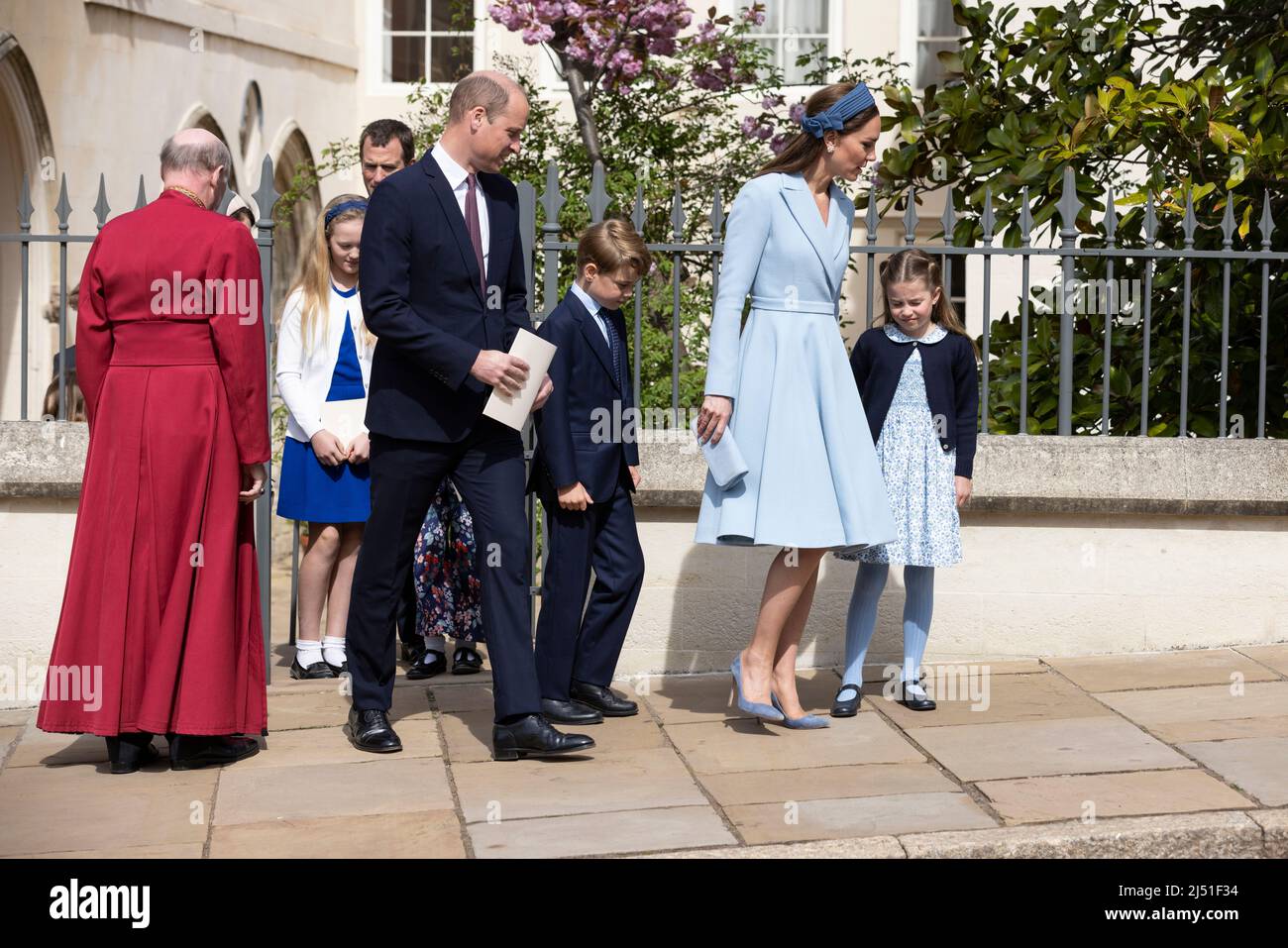Duke and Duchess of Cambridge with members of the Royal Family attend the Easter Service at St George's Chapel, Windsor Castle, Berkshire, England, UK Stock Photo