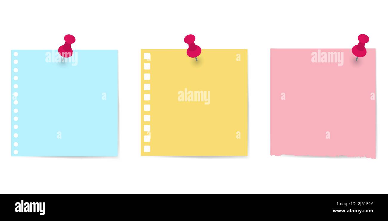 Colorful paper notes on red thumbtack. Top view note sticker with pins