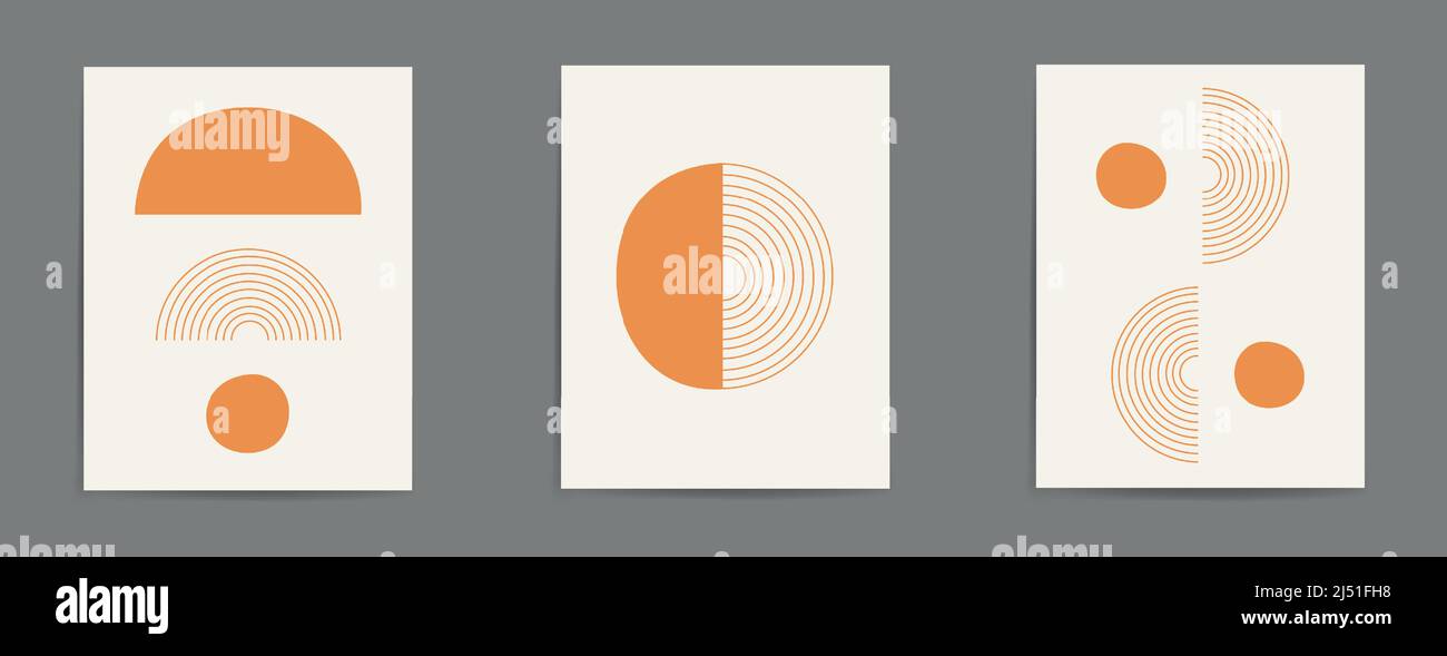 Set of Mid century modern minimalist art print with geometric minimal orange line on beige. Boho wall decor. Vector Stock Vector